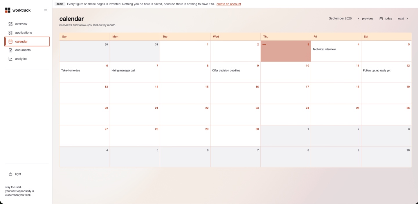The calendar screen, showing interviews and deadlines on a month grid.