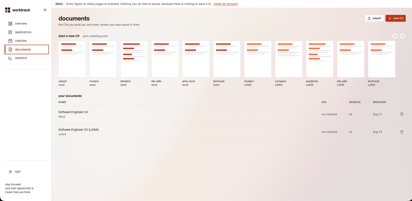 The documents screen, showing the CV template gallery.